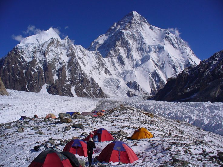 stunning view of K2, the second-highest mountain in the world, with a base camp featuring colorful tents scattered across a snowy landscape. A person stands near the tents, with rugged, snow-covered peaks and a clear blue sky in the background.